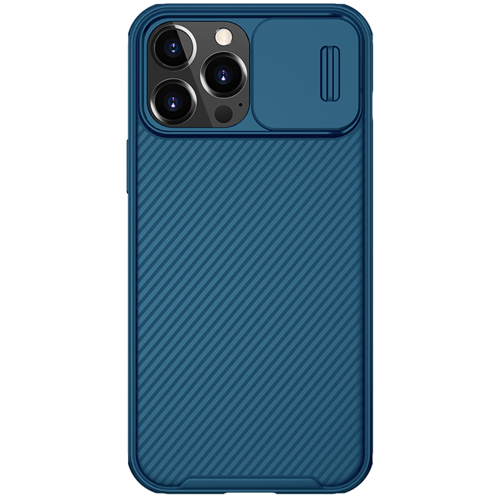Усиленный чехол синего цвета на iPhone 13 Pro Max от Nillkin, серия CamShield Pro Case, с сдвижной крышкой для камеры