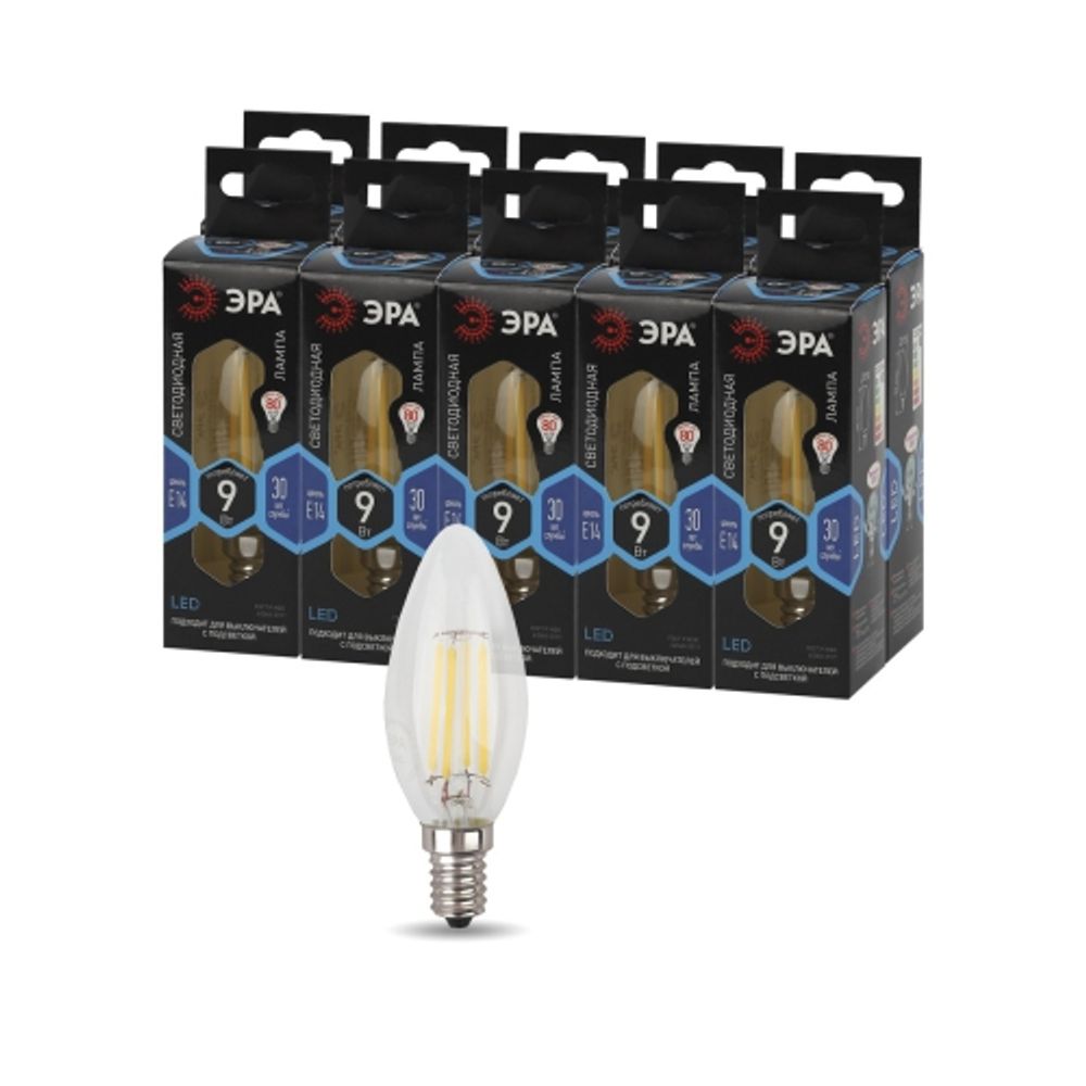 Лампа светодиодная ЭРА F-LED B35-9w-840-E14 9Вт филамент свеча нейтральный белый свет Е14 | Филаментные декоративные