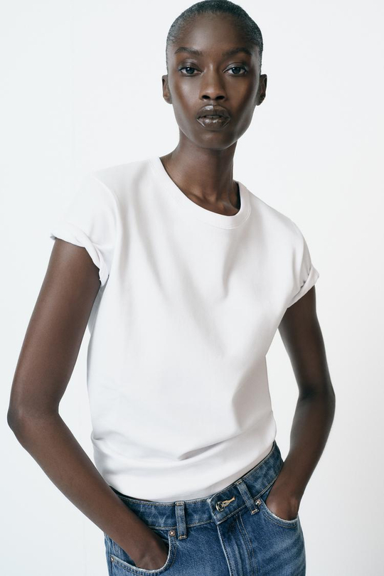 ZARA ФУТБОЛКА INTERLOCK С КОРОТКИМ РУКАВОМ, БЕЛЫЙ