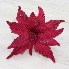 Декоративный цветок Пуансеттия 28 см., бордовый, на клипсе, Christmas DeLuxe (87153)