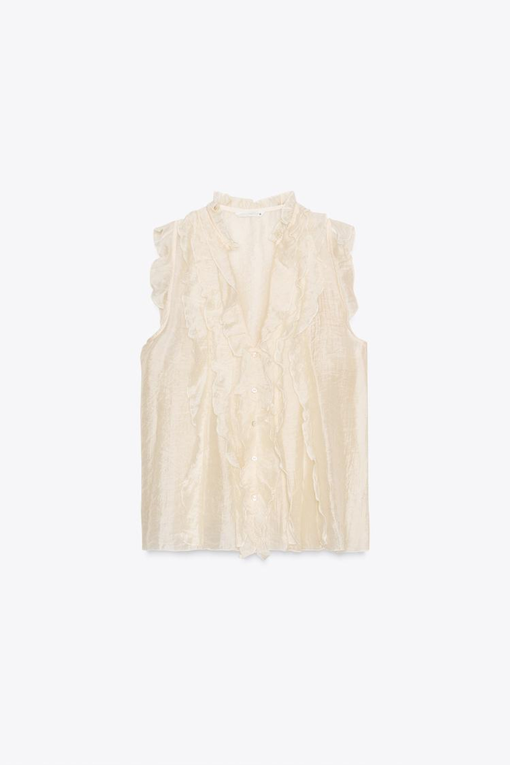 ZARA ПОЛУПРОЗРАЧНЫЙ ТОП С ВОЛАНАМИ, ВАНИЛЬНЫЙ