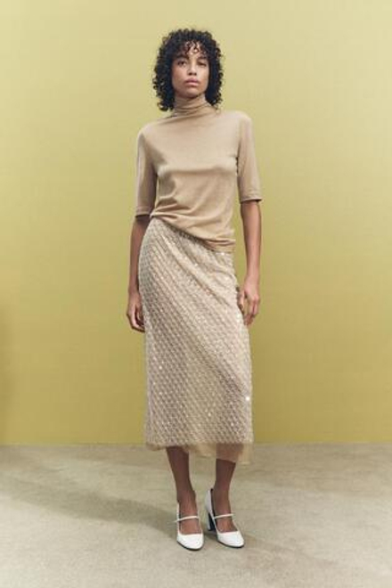 ZARA ФУТБОЛКА ИЗ МЕРСЕРИЗОВАННОЙ ШЕРСТИ, МЯГКИЙ КАШТАНОВЫЙ