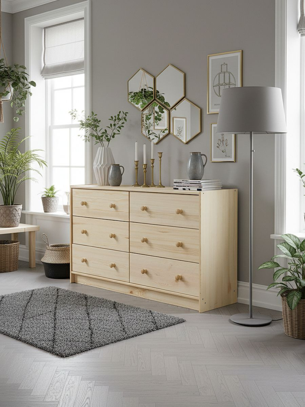 Комод 118х70х30 Раст, c 6 ящиками для одежды, деревянный широкий, массив сосны, натуральная отделка, IKEA