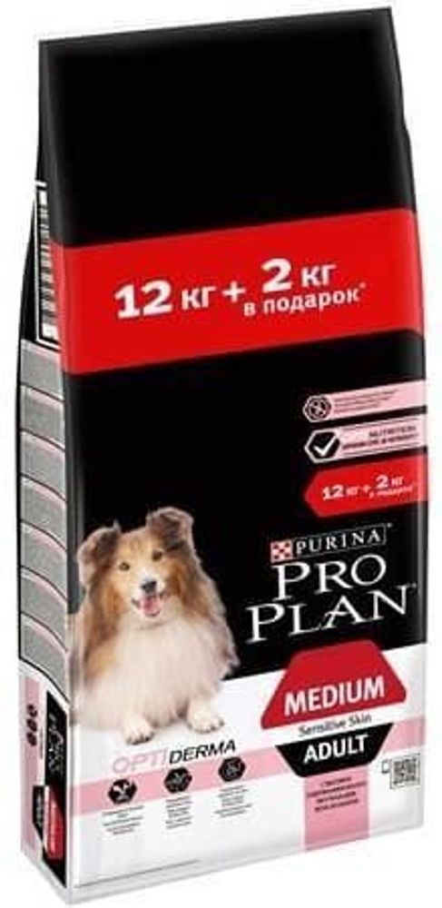 Pro Plan 12+2кг корм для собак средних пород чувст.кожа с ЛОСОСЕМ