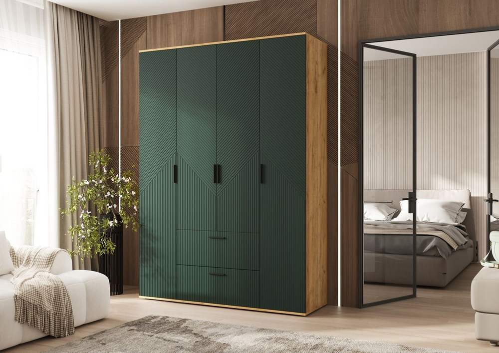 Шкаф для одежды распашной с полками и штангой 4 створки Браш Графит/Дуб Юкон 160х 51х 223 см