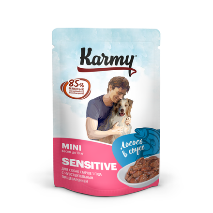 Паучи Karmy Mini Sensitive мясные кусочки в соусе для мини собак с чувствительным пищеварением Лосось 80г