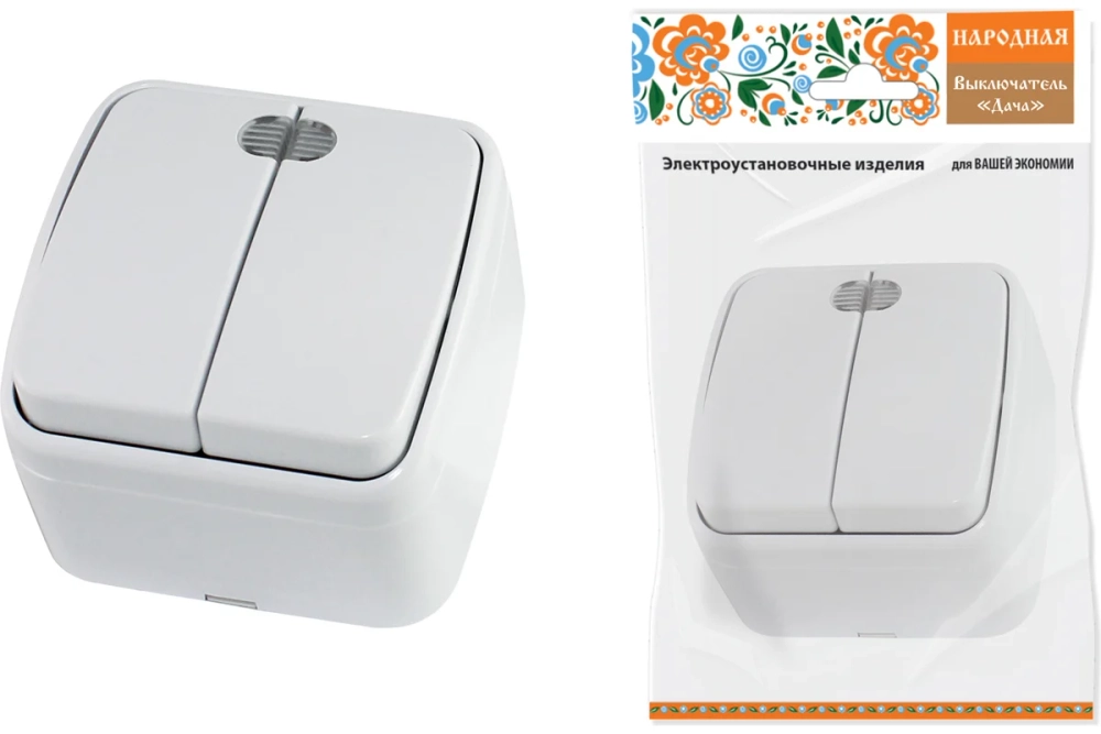 Выключатель 2-кл с подсветкой белый Дача Народная открытой установки 10А IP20 TDM