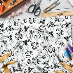 Ткань оксфорд 210 эскиз кофейных листьев и зёрен