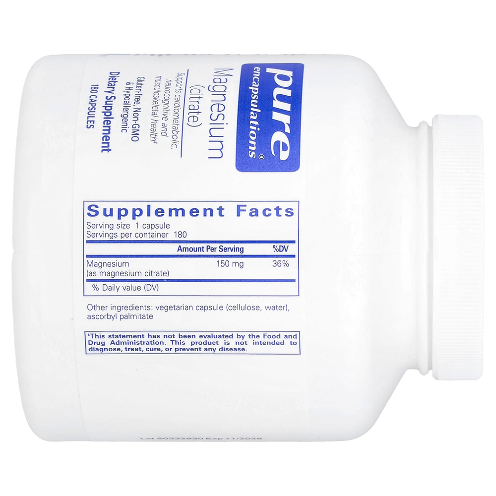 Pure Encapsulations, магний (цитрат), 180 капсул (150 мг в 1 капсуле)
