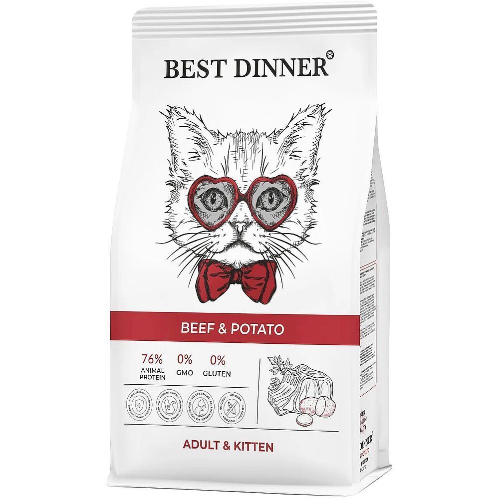 Best Dinner Adult&amp;Kitten Beef&amp;Potato для кошек и котят с 1 мес.возр. с говядиной и картофелем 1,5 кг
