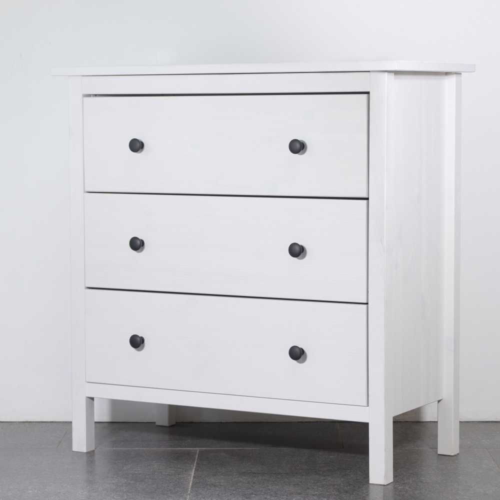 Белый деревянный комод Хермес с 3 ящиками с металлическими ручками, комод на ножках для игрушек, из массива дерева