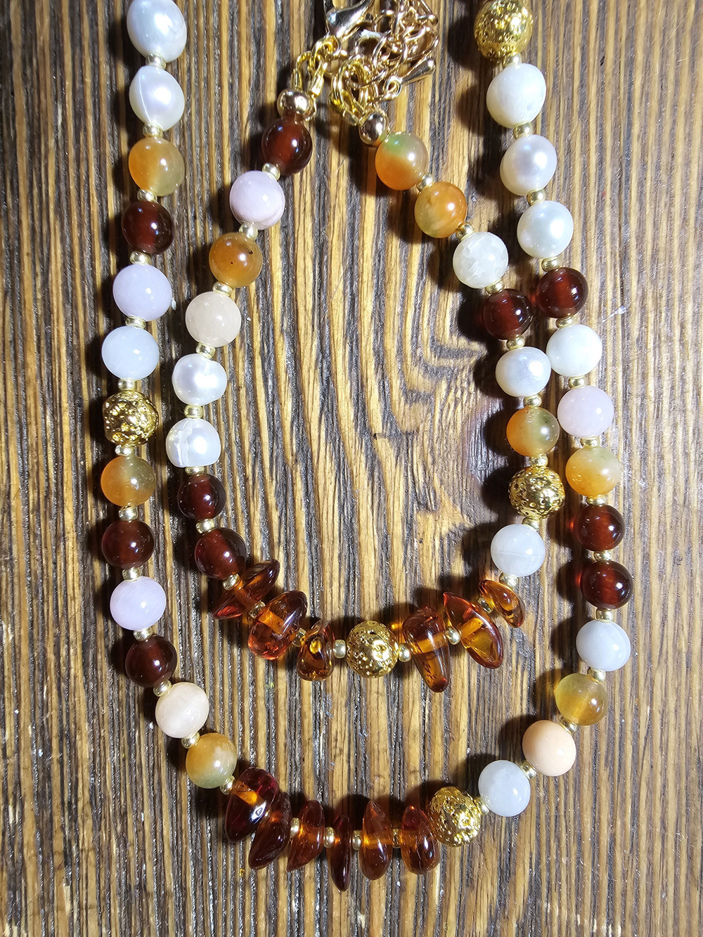 Комплект украшений авторский из натуральных камней. Колье и браслет "Ранняя осень". Бижутерия на шею, на руку для женщин, девушек. Летнее женское украшение