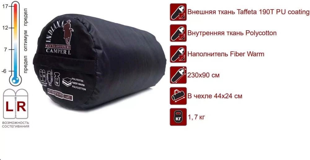 Спальный мешок одеяло с подголовн. INDIANA CAMPER 195+35*90 (-6/+17) L-zip