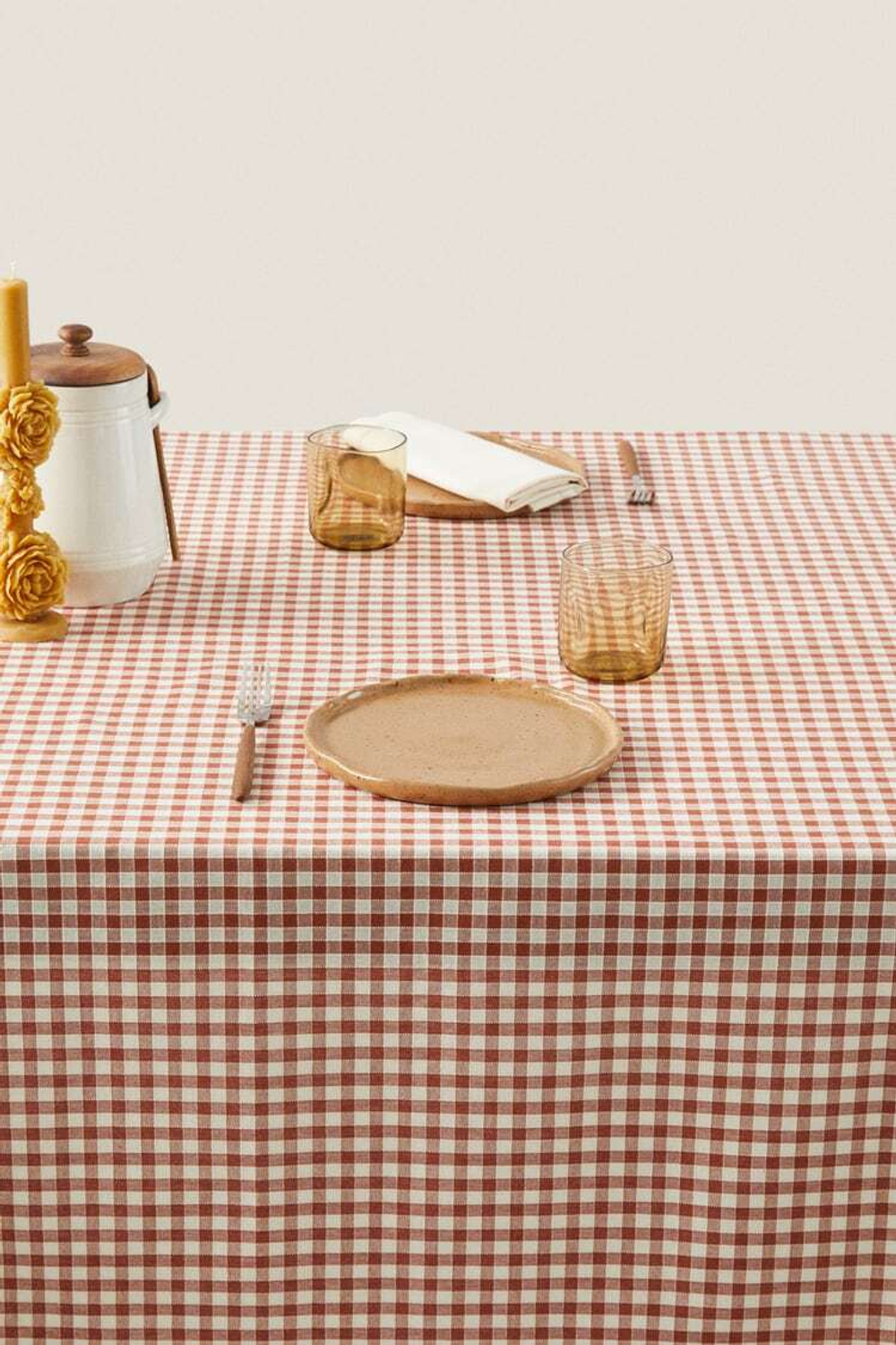 ZARA HOME КЛЕТЧАТАЯ ХЛОПЧАТОБУМАЖНАЯ СКАТЕРТЬ, ЧЕРЕПИЧНЫЙ