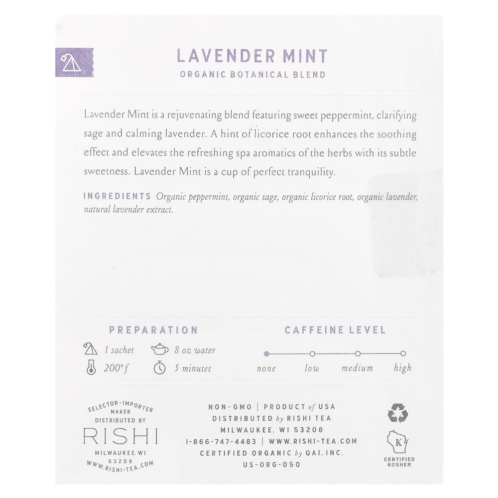 Rishi Tea, Organic Botanical Blend, лаванда и мята, без кофеина, 15 пакетиков, 37,5 г (1,32 унции)