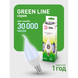 Лампа светодиодная ЭРА GREEN LINE LED BXS-8W-865-E14 GL 8Вт свеча на ветру холодный свет E14 | Лампы cветодиодные Свеча (B/C)
