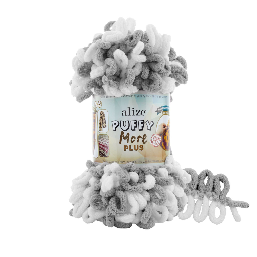 Пуффи Море ПЛЮС (Puffy More plus) пряжа Alize 100%микрополиэстер 2х250г/11м (8008 белый/серый)