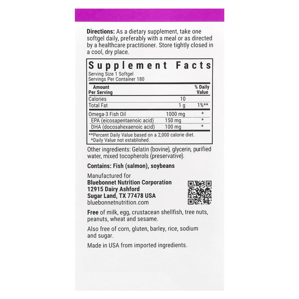 Bluebonnet Nutrition, Рыбий жир лосося с омега-3, 1000 мг, 180 мягких таблеток