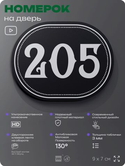 Номерок на дверь квартиры 205, для кабинета, офиса, шильдик 9 х 7 см, черный, Айдентика Технолоджи