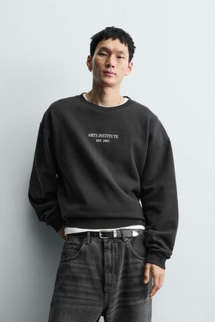 ZARA ТОЛСТОВКА С ПРИНТОМ И НАДПИСЬЮ, ТЕМНЫЙ АНТРАЦИТ