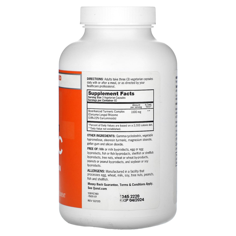 Qunol, куркума, 180 вегетарианских капсул (500 мг в 1 капсуле)