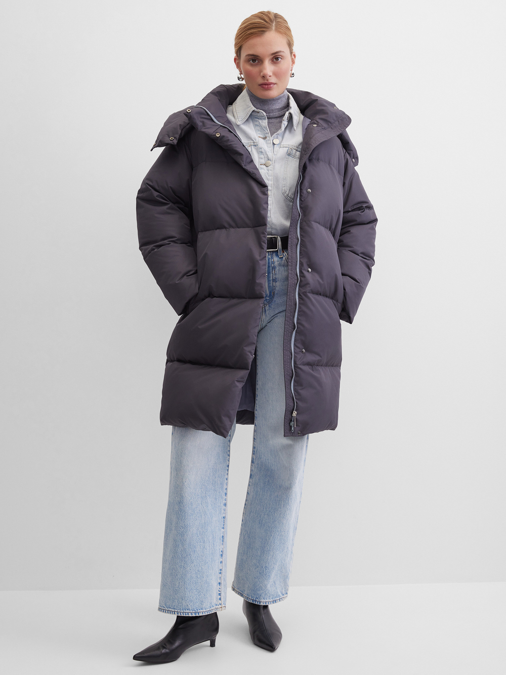 NEW❤️ MIDI пуховик с объемным капюшоном, DARK GREY🌚🌚🌚