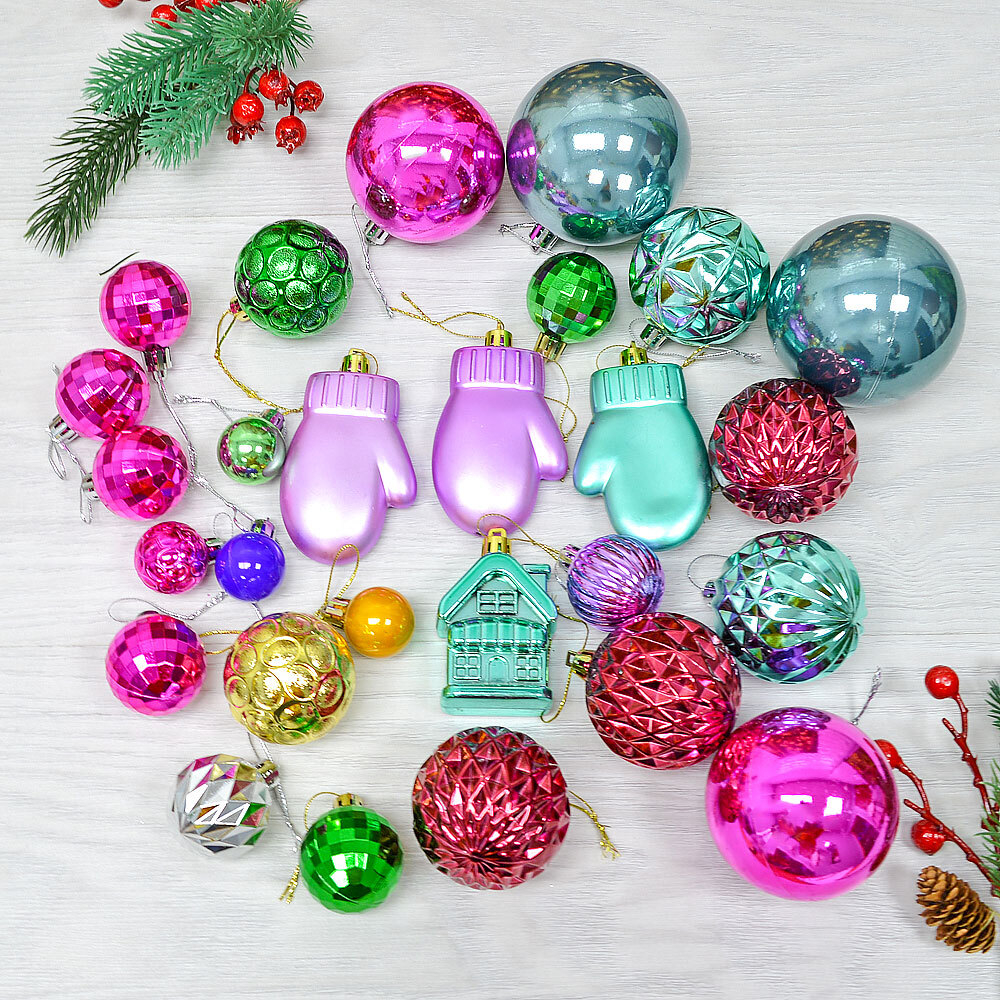 Елочные игрушки 30шт, цвет микс, пластик