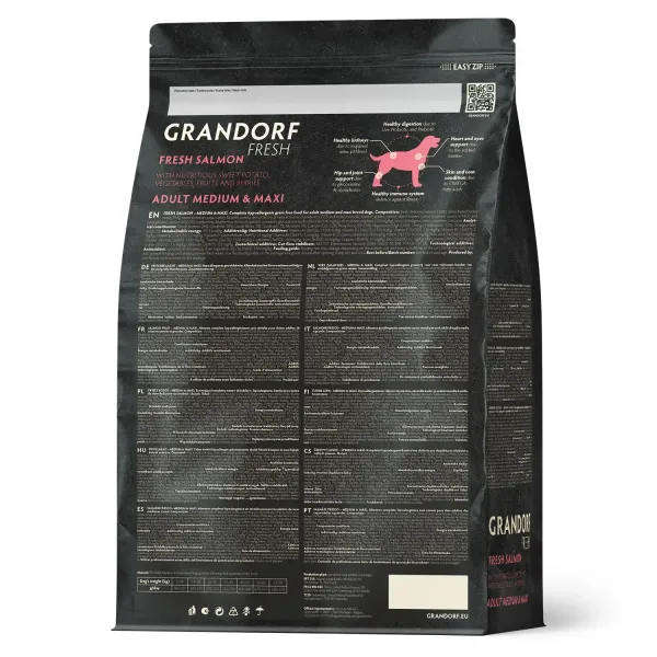 Уценка! Срок 27.07.26/ Сухой корм GRANDORF Fresh Dog Adult MED&MAXI Salmon&Sweet Potato для собак средних и крупных пород из свежего филе лосося с бататом