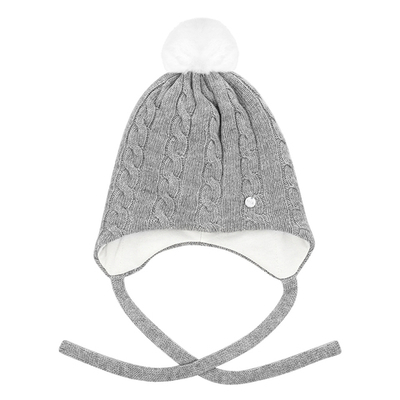 Шапочка утепленная на завязках с меховым помпоном (Серый)