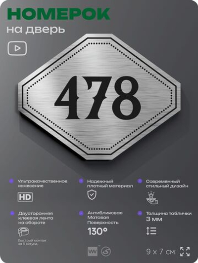 Номерок на дверь квартиры 478, для кабинета, офиса, шильдик 9 х 7 см, брашированная сталь, Айдентика Технолоджи