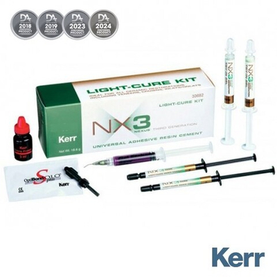 NX3 Light-Cure Kit Набор: 2шпр.х1,8 г; гель проб. 2шпр.х3 г; OptiBond Solo Plus в унидозах 10 шт; протр. 3 г; праймер силановый 5 мл; насадки смесительные; канюли для шприца с протравочным гелем