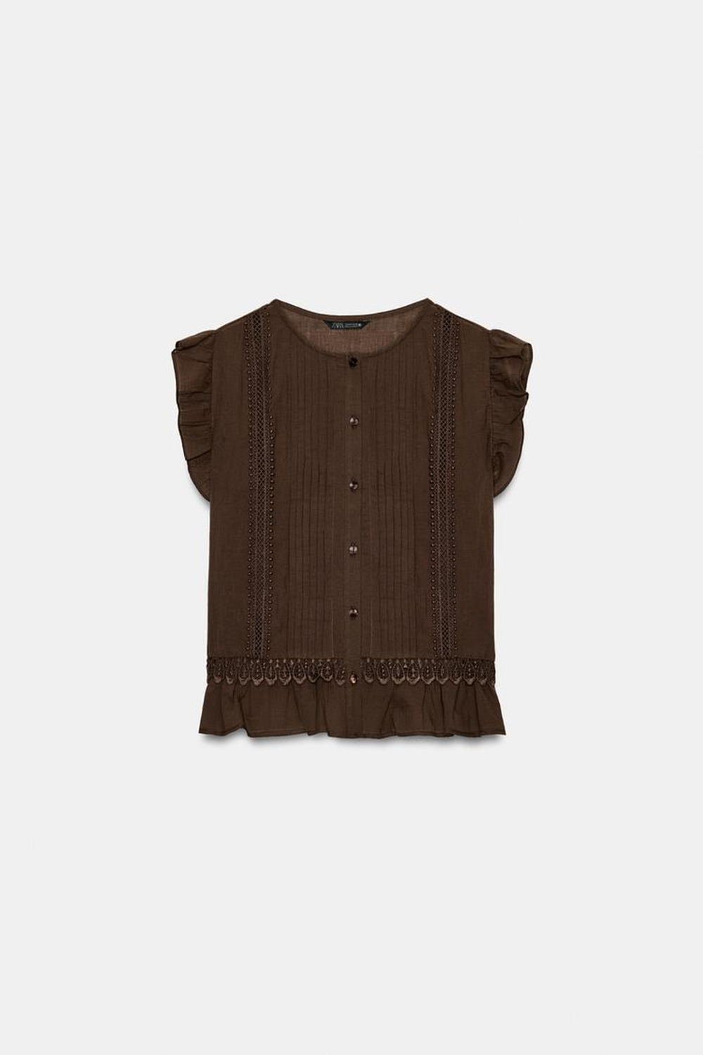 ZARA БЛУЗА С ВОЛАНАМИ И КРУЖЕВОМ, КОРИЧНЕВЫЙ