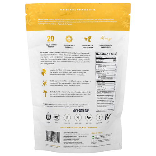 Sprout Living, Epic Protein®, органический растительный протеин и суперпродукты, ваниль и лукума, 456 г (1 фунт)