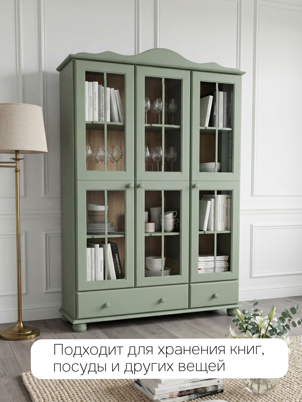 Dipriz Шкаф с витриной Бритта из массива сосны, 3 двери, 113х32х186 см, эвкалипт