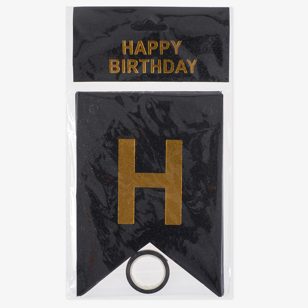 Гирлянда Флажки, Happy Birthday, Черный/Золото, Металлик, с блестками, 350 см, 17*12 см