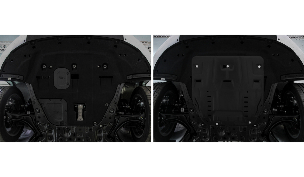 Защита картера и КПП Rival для Hyundai Santa Fe IV рестайлинг (V - 2.2D; 2.5; 3.5) 2021-н.в./Hyundai Tucson IV (V - 2.0 (150 л.с.); 2.0D) 2021-н.в./Kia Sorento IV (V - 2.2D; 2.5; 3.5) 2020-н.в./Kia Sportage V (V - 2.5) 2021-н.в., сталь 1.5 мм, с крепежом, штампованная, 111.2862.1