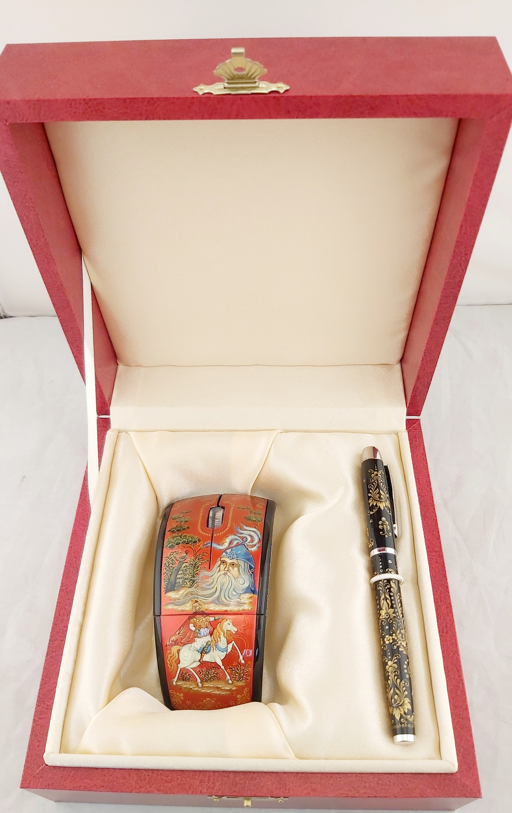 Набор мышь компьютерная "Руслан" и ручка-роллер с росписью Палех