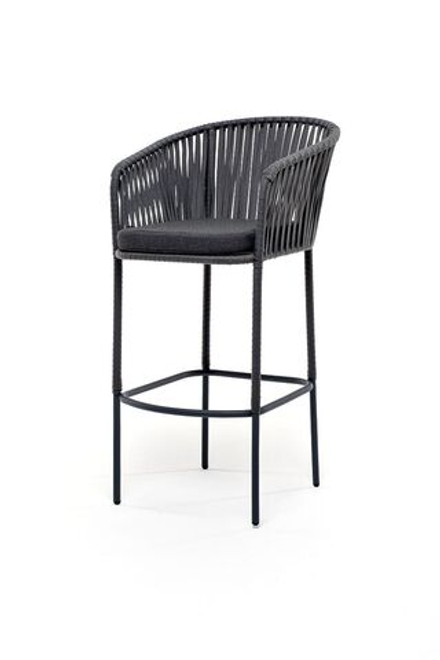 "Бордо" стул барный плетеный из роупа, каркас из стали серый (RAL7022) муар, роуп серый 15мм, ткань серая 017