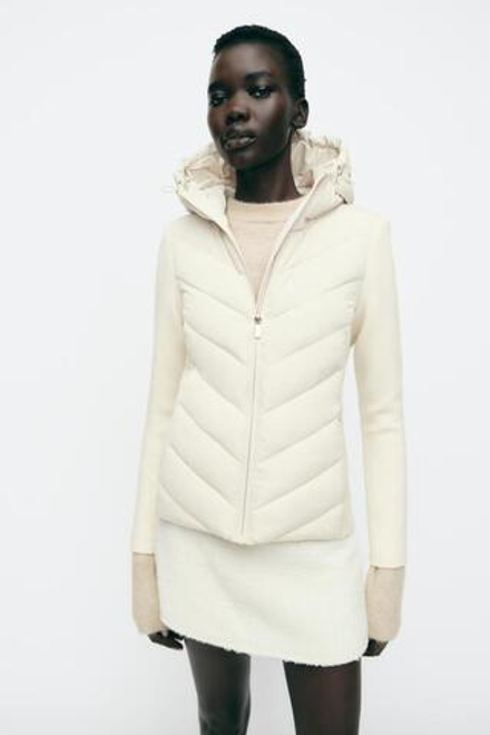 ZARA СТЕГАНАЯ КУРТКА С КОНТРАСТНЫМИ ДЕТАЛЯМИ, ЭКРЮ