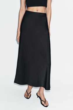 ZARA АТЛАСНАЯ ЮБКА МИДИ, ЧЕРНЫЙ