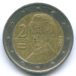 2 евро 2002 год. Австрия. Регулярный выпуск. Тип 1. Биметалл VF