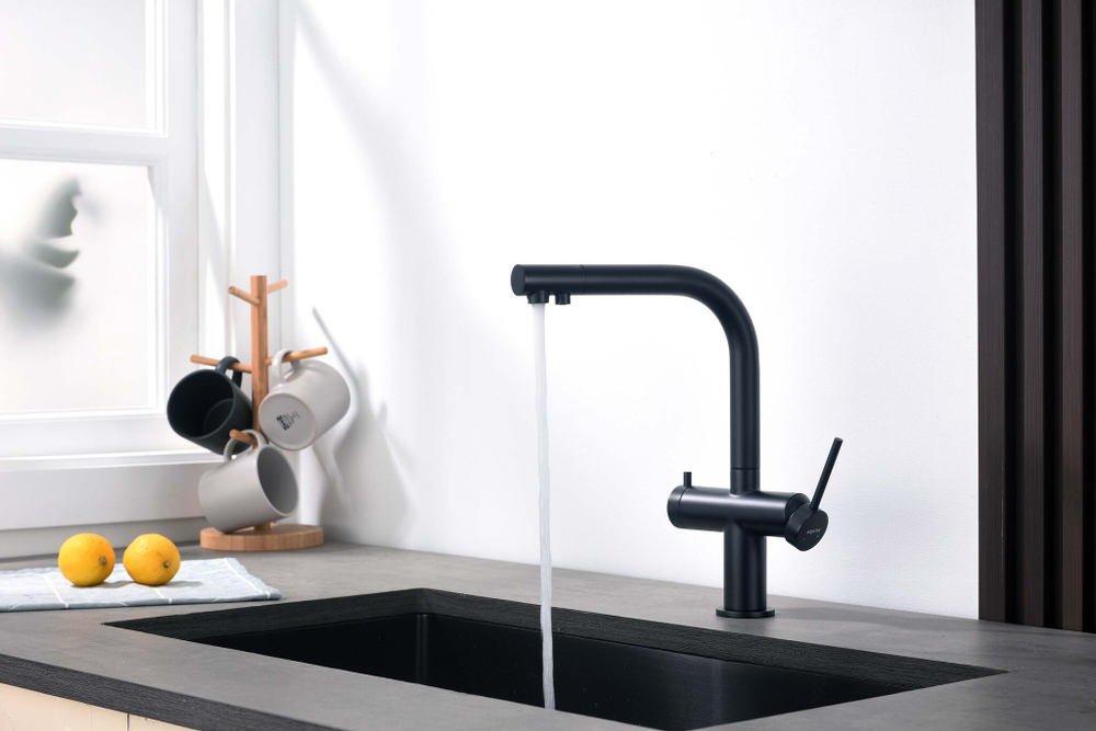 Смеситель для кухни с подключением к фильтру питьевой воды AQUATEK, матовый черный AQ1385MB ЕВРОПА