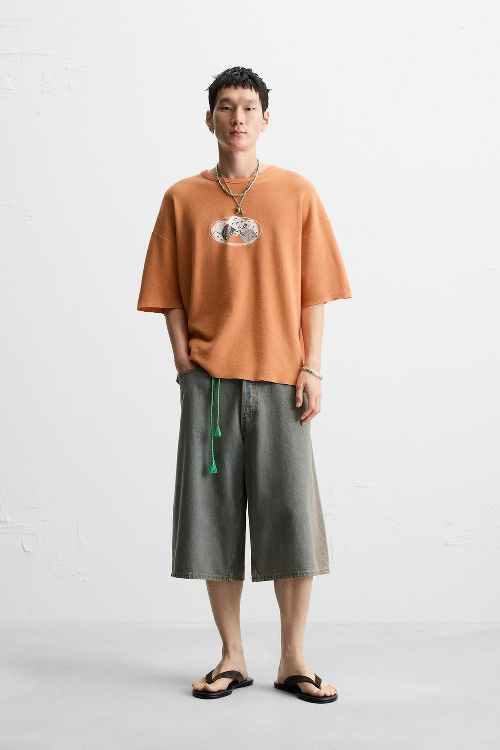 ZARA ТРИКОТАЖНАЯ ФУТБОЛКА С ПРИНТОМ, ОРАНЖЕВЫЙ