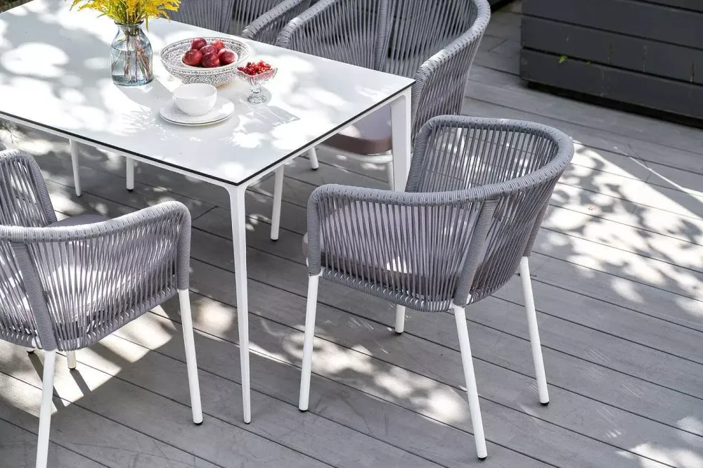 "Малага" обеденная группа на 6 персон со стульями "Марсель", каркас белый, роуп светло-серый