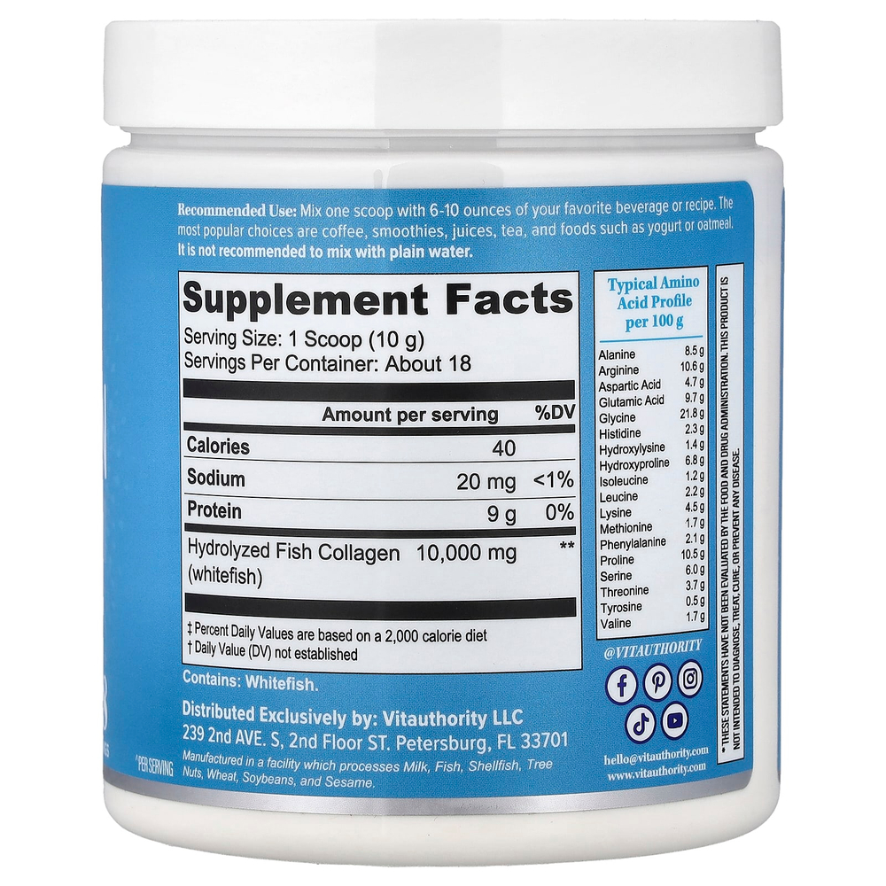 Vitauthority, морской коллаген, без добавок, 180 г (6,35 унции)