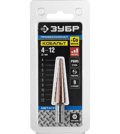 ЗУБР Кобальт, 4-12 мм, 9 ступеней, сталь Р6М5, кобальтовое покрытие, ступенчатое сверло, Профессионал (29672-4-12-9)