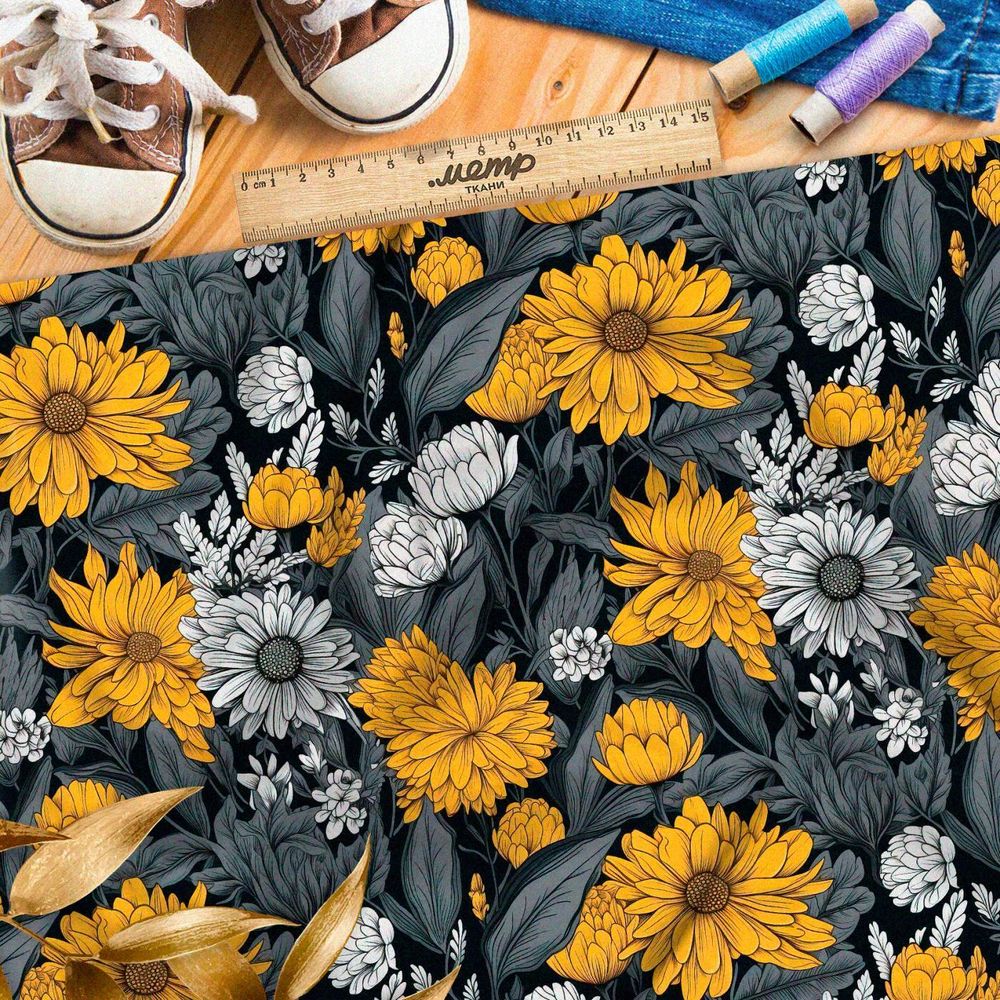 Ткань премиум атлас цветочная графика