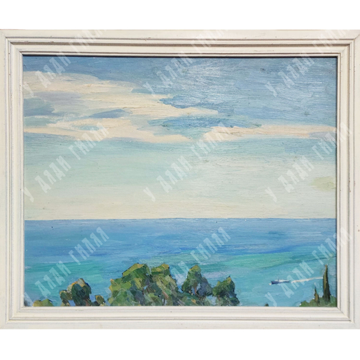 Динес Ю. С. Лодка в море. Пейзаж в голубых тонах. Масло. 1956