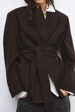 ZARA БЛЕЙЗЕР ИЗ 100% ШЕРСТИ С ПОЯСОМ — ZW COLLECTION LIMITED EDITION, ОТТЕНКИ КОРИЧНЕВОГО