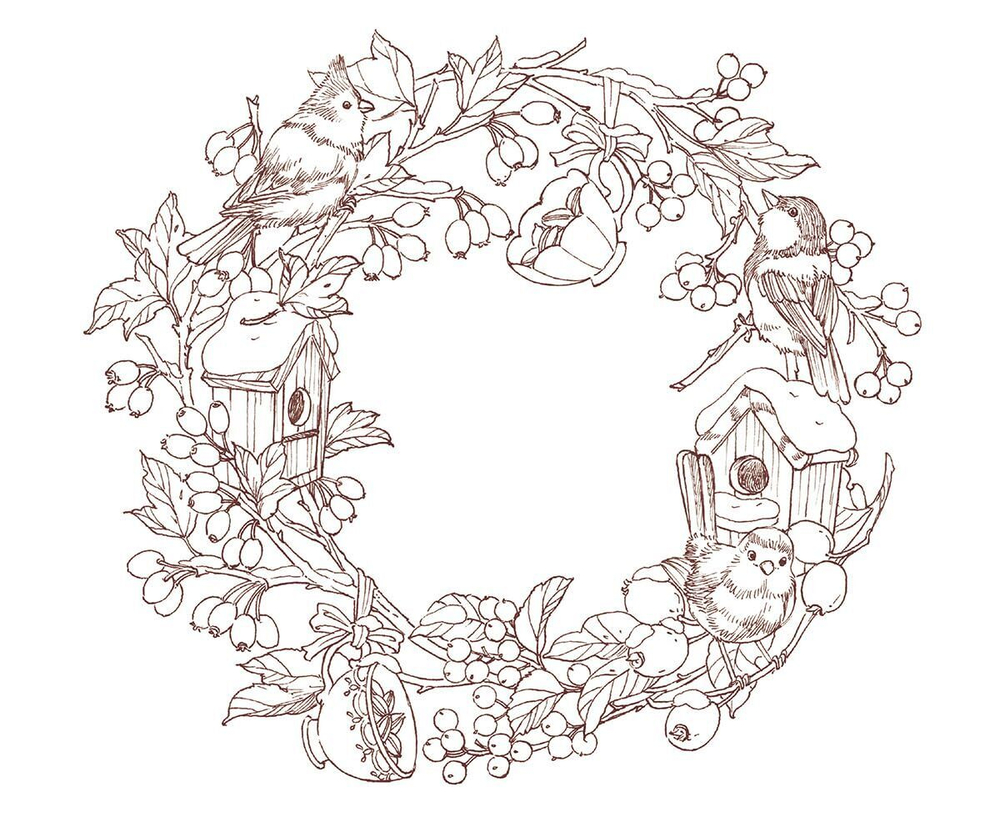 Seasonal Wreaths of plants and friends. Coloring Book